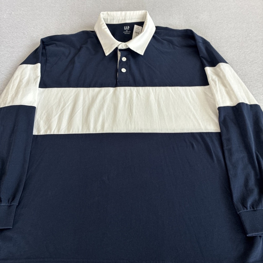 Gap Men's Everyday Soft Navy White Colorblock Rugby Shirt 2XL XXL Preppy